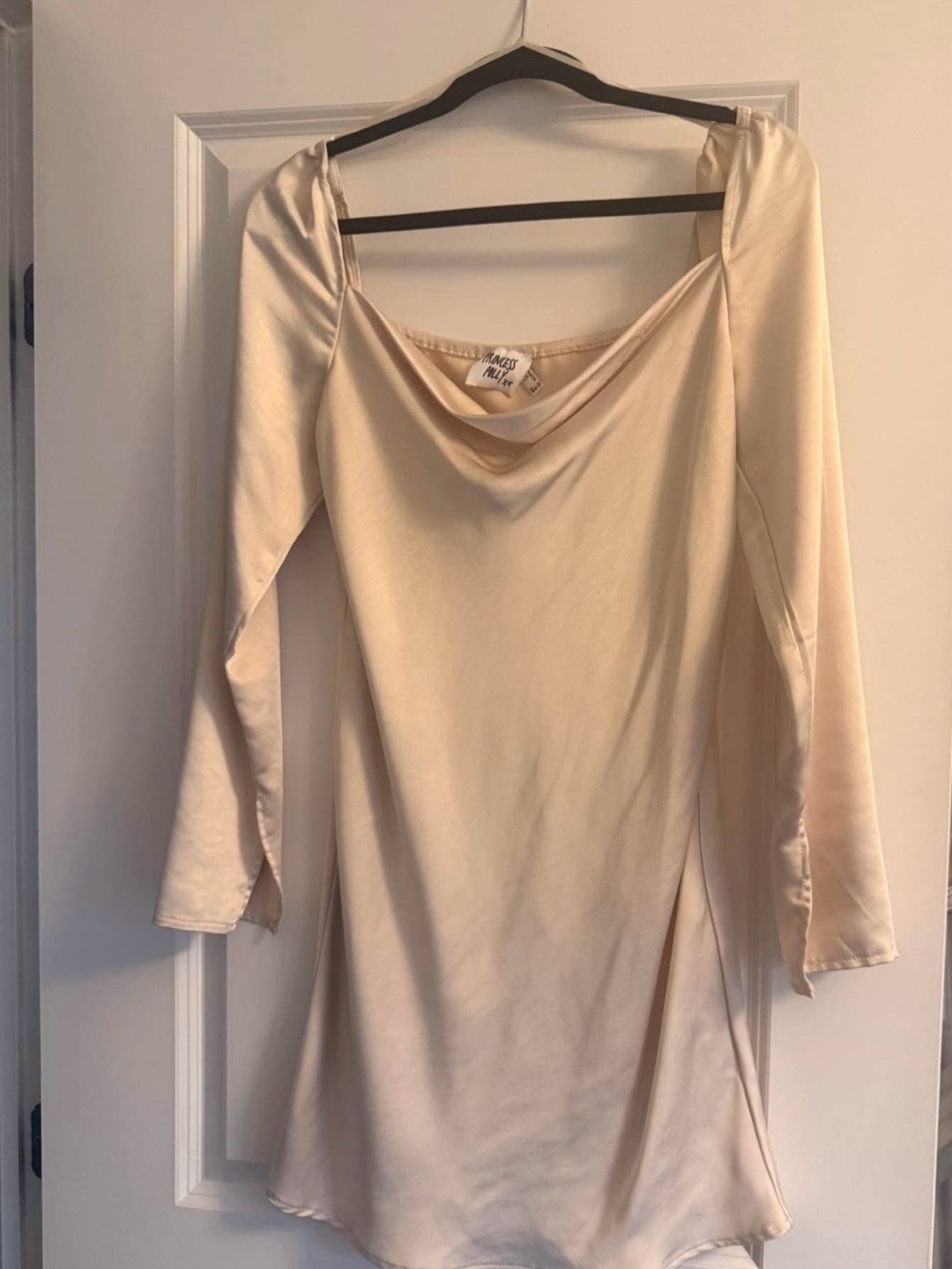 Champagne Princess Polly Satin Cowl Long Sleeve Mini Dress